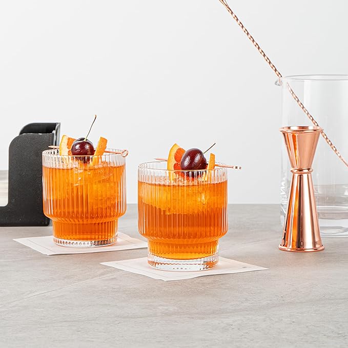 Restaurantware-Vetri 10 Ounce Old Fashioned Glasses, 6 Ribbed Whiskey Glasses - No-Lead, Dishwashable, Clear Glass Tumblers For Scotch, For Drinking Liquor, Cocktail, Bourbon, Cognac, And More
