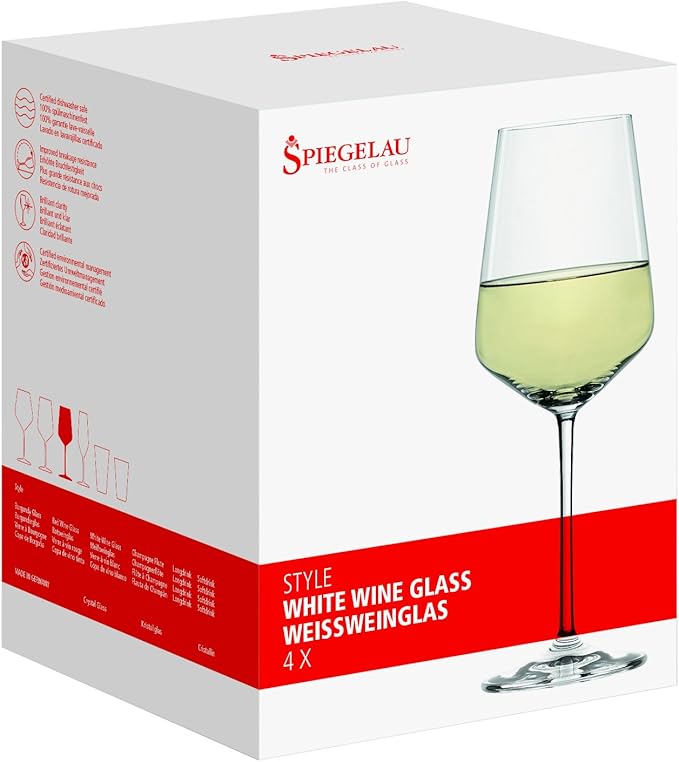Spiegelau Style Crystal White Wine Glasses Gift Set, Elegant Stemmed Wine Glasses, Stylish Glassware for Dinner Party, Home Bar, Wedding Gifts, Birthday Gifts, Hosting Essentials, 15.5 oz, Set of 4
