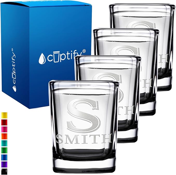 Personalized Shot Glasses Set of 4 Initial and Name 2oz Black Bottom Etched Square Shot Glass Engraved with Custom Text Birthday Gift for Men and Women