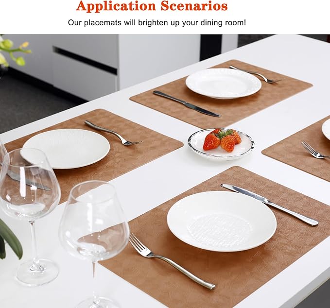 Vinyl Placemats Set of 6 Heat Resistant Easy Clean Non-Slip Place Mats for Dining Table Faux Leather Waterproof Stain Resistant Wipeable Washable PVC Table Mats(6, Light Brown)