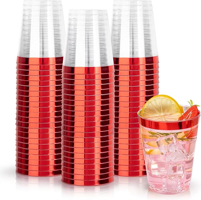 DaYammi 100 Pack Red Plastic Cups 10 Oz Clear Red Rimmed Plastic Cups for Party Fancy Disposable Cup for Wedding Disposable Glasses Clear Tumblers with red Rim for Party Elegant Wine Cocktail Cup