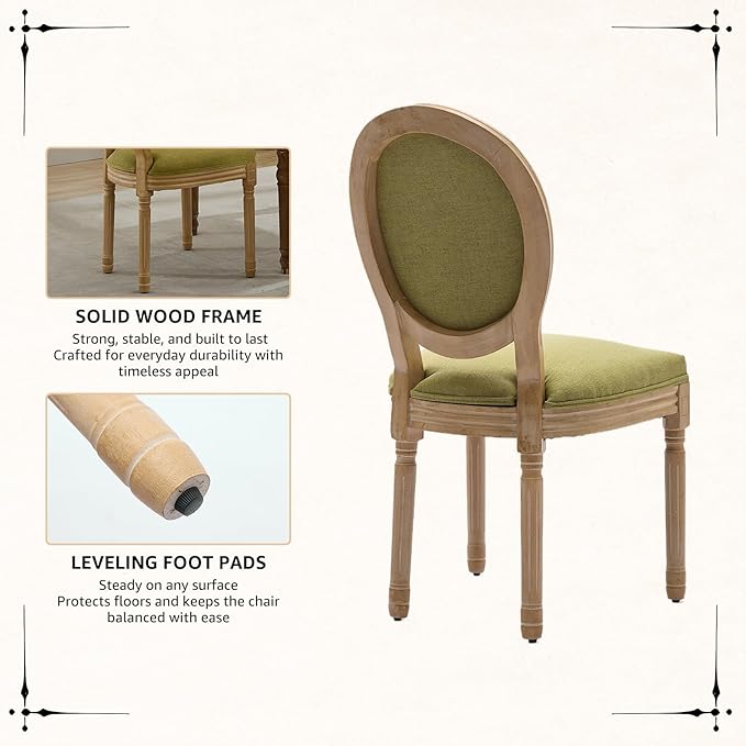 Vintage French Dining Chairs Set of 2, Round Back Upholstered Accent Chairs in Linen Fabric with Solid Wood Frame, Farmhouse Sillas de Comedor for Dining Room & Kitchen, Olive Green