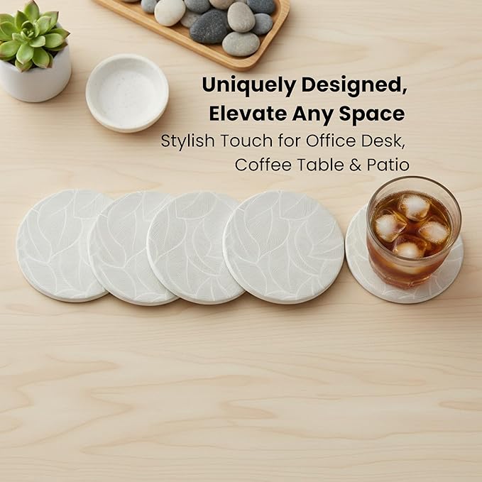 Ceramic Absorbent Coasters Set of 6 with Holder, Marble Drink Coasters for Coffee Table, Water-Absorbing Stone Coasters (Green Leaf Design)