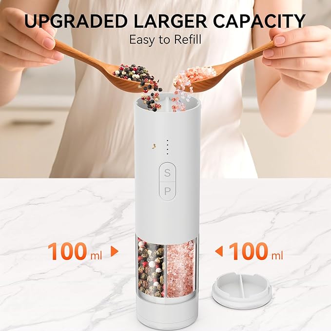 2 in 1 Electric Salt and Pepper Grinder Set, USB Rechargeable, Automatic Salt and Pepper Mill Shakers with Battery Display, LED Light, Adjustable Coarseness(White)