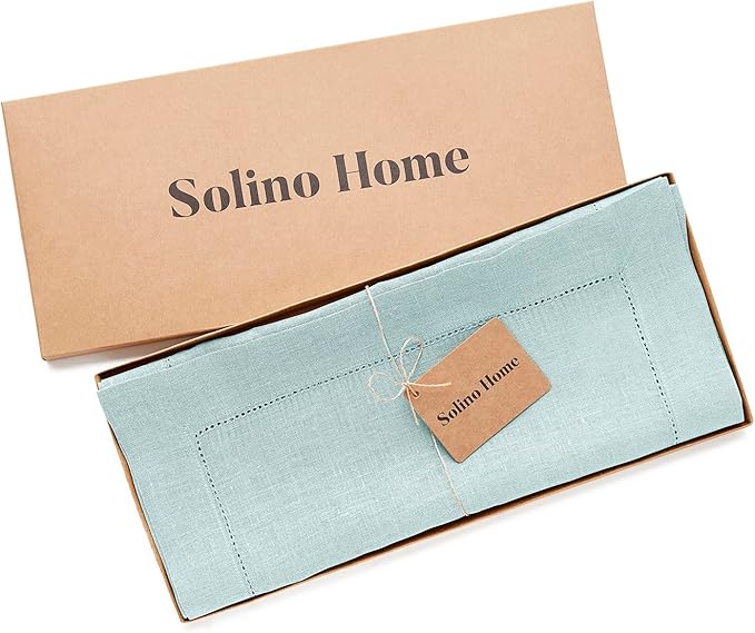 Solino Home Linen Aqua Blue Table Runner 90 Inches Long - 100% Pure Linen Hemstitch 14 x 90 Inch Table Runner for Dining, Spring, Easter, Winter - Classic Hemstitch