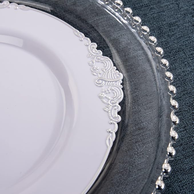 Hioasis 100pcs White Silver Plastic Plates for Party - 7.5" Dessert Plates Disposable, Heavy -duty, Classy and Elegant for Wedding