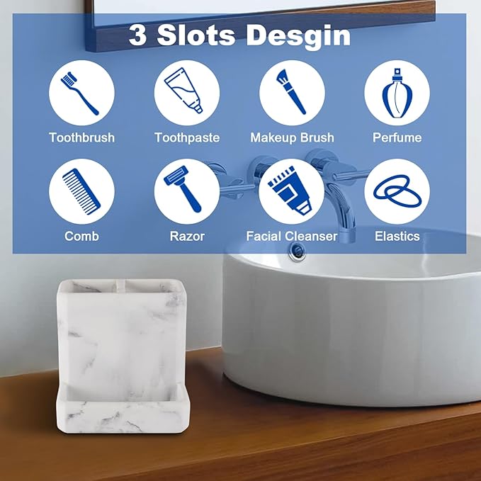Toothbrush Holder for Bathrooms Organizer Countertop Organizer Accessories, with 3 Compartment Storage for Toothbrush Toothpaste Floss Razors, White Imitation Marble Finish Toothbrushholder03