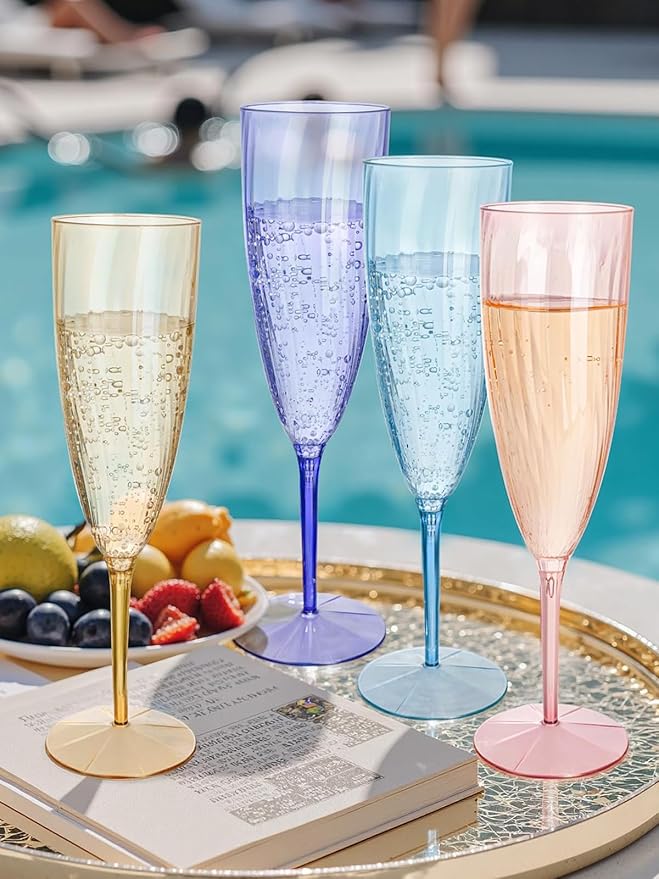 WDF 12PCS Colorful Plastic Champagne Flutes - 6 OZ Colorful Disposable Champagne Flutes - Perfect for Wedding Parties Birthday Valentines Day