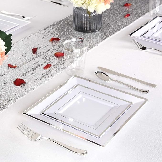 WDF Silver Plastic Dessert Plates with Plastic Forks - 6” 100 Square Disposable Appetizer Plates Small Plates Cake Plates with Silver Rim &100 Small Appetizer Forks for Party Wedding Valentine's Day
