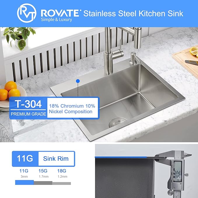 ROVATE 20 x 16 inch Drop-in Kitchen Sink Single Bowl, Topmount Kitchen Sink Handmade, 304 Stainless Steel Overmount Kitchen or Bar Sink with Basket Strainer, 20 x 16 x 9 inch