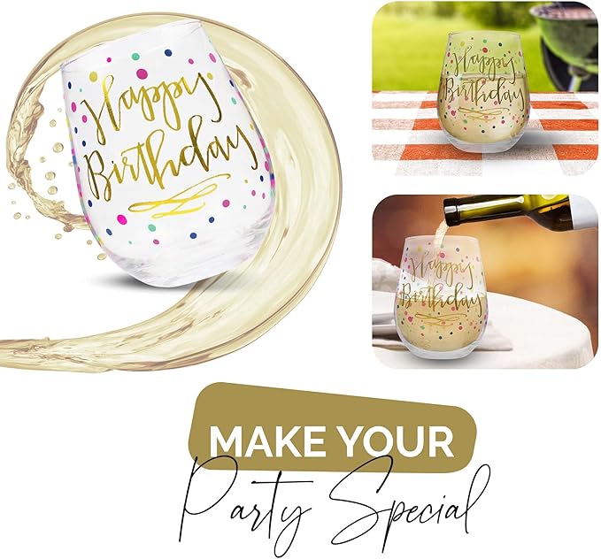 Your Dream Party Shop Happy Birthday Wine Glass, 22oz Stemless with Gold Print - Gift for Adults and Women, Happy Birthday Cups For Women