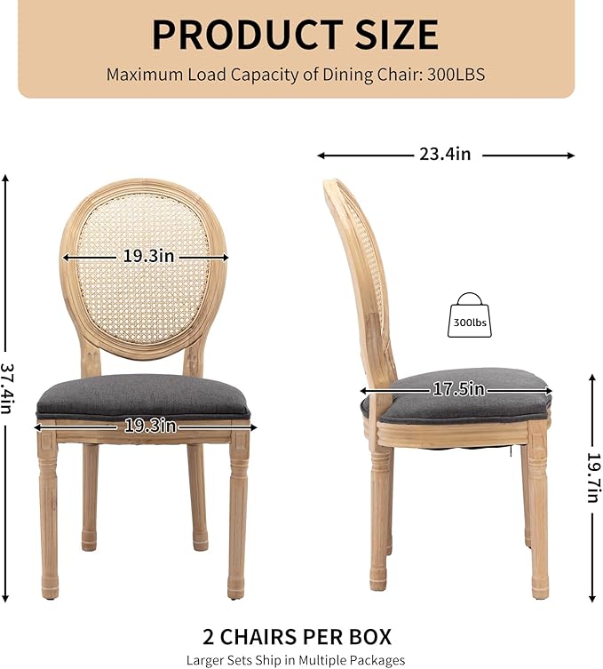 Vintage French Rattan Dining Chairs Set of 8, Solid Wood Frame with Round Rattan Back and Linen Upholstered Seat, Farmhouse Accent Sillas de Comedor Side Chairs for Dining Room & Kitchen, Gray