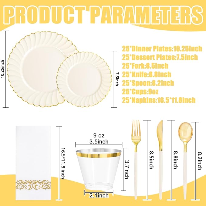 Ciaell 175 PCS Ivory Scalloped Plastic Plates - Gold Disposable Plates Fancy High-end Dinnerware Sets for Wedding & Party (25 Guests)