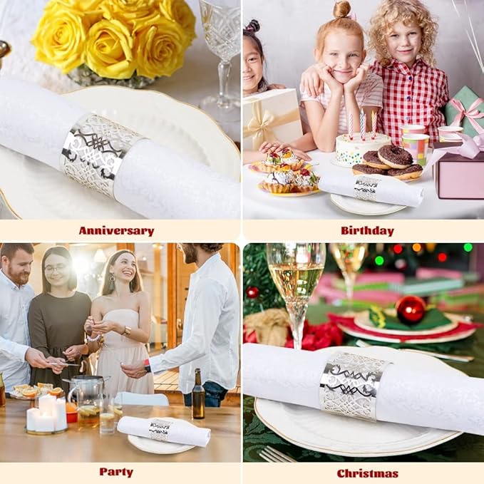 150PCS Premium Napkin Rings Laser Cut Foil Paper Napkin Holder for Wedding Party Dinner Table Decor,Special Events and Catering Services (Silver)