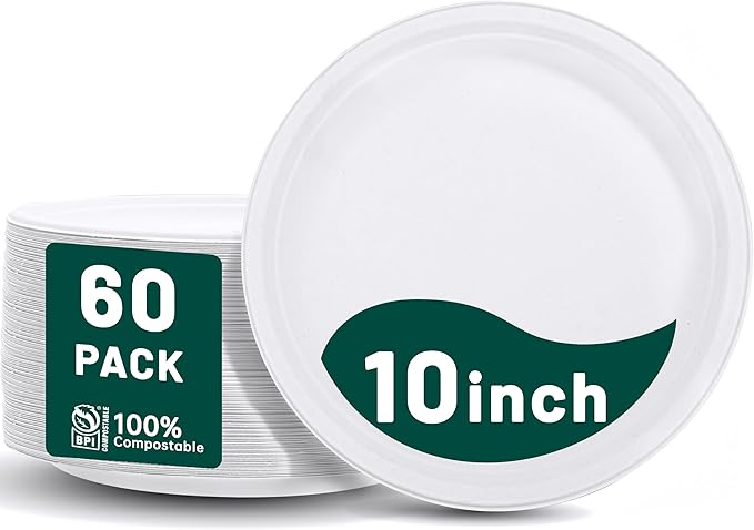 DaYammi 100% Compostable Paper Plates 10 Inch, 60-Pack Heavy Duty Paper Plates Bulk,Biodegradable Bagasse,Eco-Friendly Disposable Dinner Plate for BBQ,Picnic,Party (BPI Certified,Microwaveable)