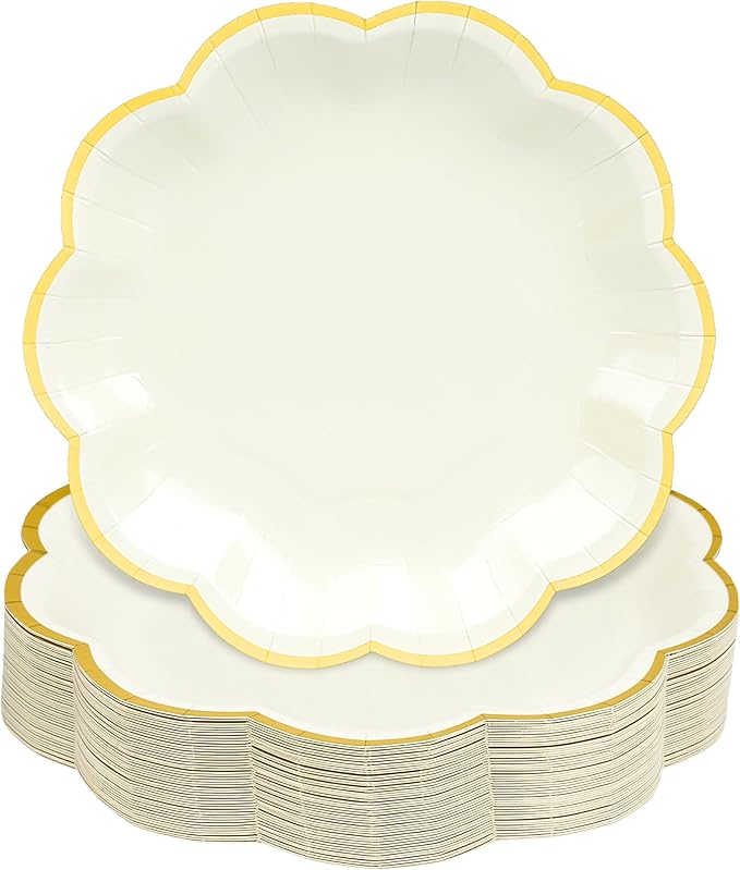 24 Pcs Beige Party Plates Cream Dessert Paper Plates 7inch Gold Foil Scalloped Edge Disposable Cake Plates for Birthday Bridal Baby Shower Wedding Party Supplies