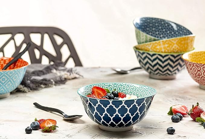KooK Colorful Bowl, Ceramic Porcelain Bowls for Cereal, Fruit, Vibrant Patterned, Multi Color Designs, Housewarming Gift and Kitchen Decor for Soup, Salad, Set of 6, 18oz (Colorful)