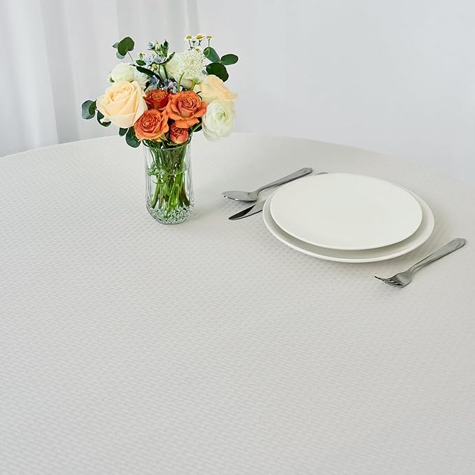 maxmill Round Weaved Texture Design Tablecloth Spill-Proof Wrinkle Free Soft Washable Table Cloth for Circular Table Cover, for Dining Room Buffet Banquet Parties Holiday Dinner, 90 Inch Ivory