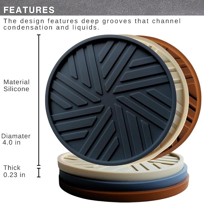 Silicone Coasters for Drinks -Set of 6 - with Smart, Modern, Groove Patterns & Gold Holder - Protection Your Coffee Table from Condensation Cups, Home Office Decor Boho Vintage