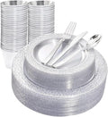 Ciaell 150PCS Clear Silver Plastic Plates - Silver Disposable Plates include 25Dinner Plate, 25Dessert Plate, 25Forks, 25Knives, 25Spoons, 25Cups for Weddings & Parties