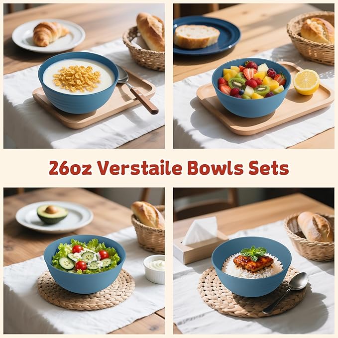 Wrova 6-piece Wheat Straw Bowls sets 26oz,Alternative Plastic Bowls Reusable for indoors and outdoors,Microwave-able and Dishwasher Safe Bowls Sets Easy to Clean.Blue Series