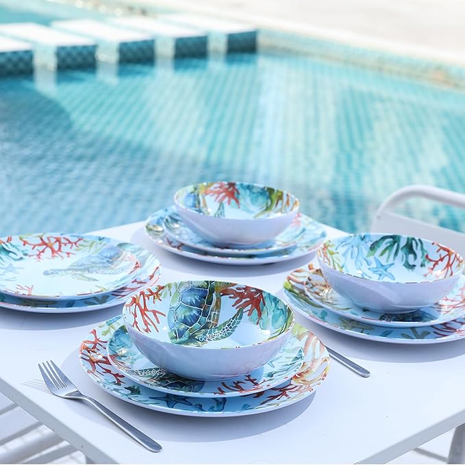 12-Piece Melamine Turtle Dinnerware Set, Ocean Plates and Bowls Sets, Indoor Outdoor Dish Sets for 4, Unbreakable Lightweight Tableware Set - Turtle