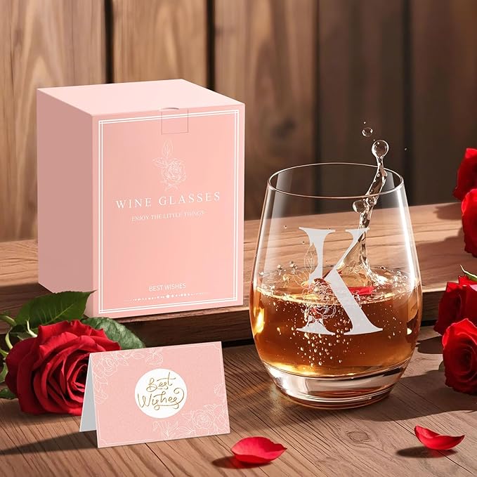 Valentines Day Gifts for Her, Gifts for Women Her Friend Mom Grandma Wife Sister Bridesmaid Nurse, Birthday Galentines Mothers Day Christmas, Personalized Initial Customized Wine Glasses 18OZ(K)