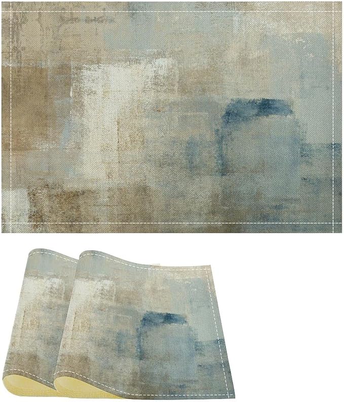 Gradient Placemat Set, Modern Minimal Fashion Abstract Beige Brown Blue Art Oil Painting Brush Strokes Patchwork Pattern Home Decor Linen Table Mats for Dining Room Kitchen Party (17x12in) x2P
