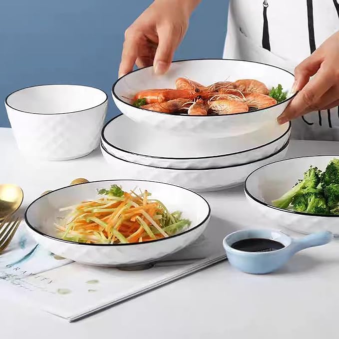 Ceramics Pasta Bowls, 6 Pack 8 inches 20 Oz Large Salad Serving Bowls, Shallow Salad Bowls,ceramics Deep Plates,Microwave Dishwasher Safe,White (rhombus)