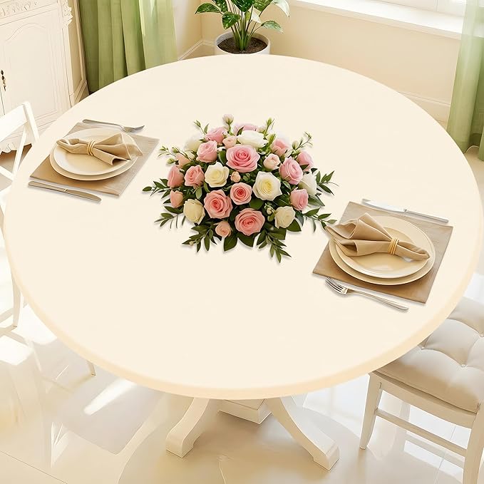 Round Spandex Tablecloth, Elastic Fitted Waterproof Tablecloths for 18"-24" Tables, Stretch Washable Picnic Table Cover for Camping, Dining, Indoor and Outdoor, Beige