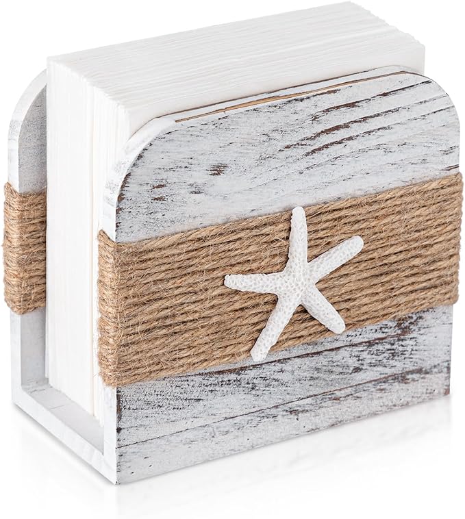 Natural Wooden Napkin Holder, Farmhouse Napkin Holders Upright Wooden Tissue Dispenser for Kitchen Dining Room Table Decor Indoor & Outdoor Use (Beach Style,White)