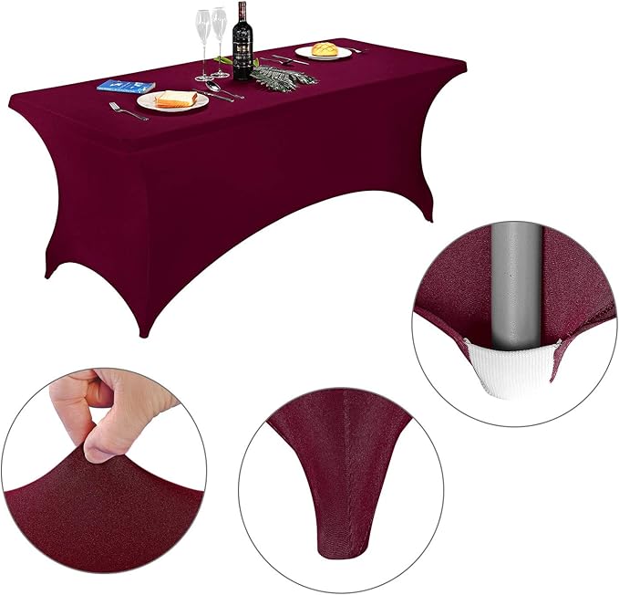 LZY Spandex Table Covers 6 Feet, Stretch/Fitted Table Covers for 6 Feet Folding Table, Rectangular Spandex Table Cloths for Wedding Party or Event (6FT-2PCS, Burgundy)