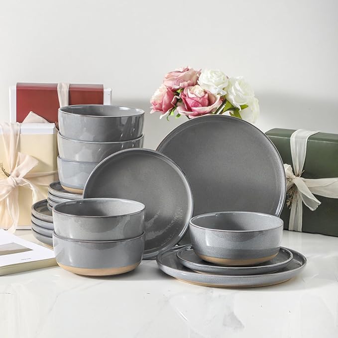 HASENSE Stoneware 18 Pieces Plates and Bowls Sets, Porcelain Dinnerware Sets for 6, Ceramic Dishes Sets with Speckled Pattern, Scratch Resistant Microwave and Dishwasher Safe, Dark Gray