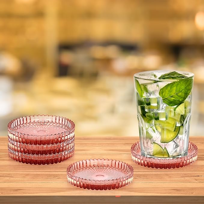 JUXYES 8 Pack Clear Red Crystal Coasters Round Cup Mat, Glass Coasters for Drinks Coffee Tea Wine, Decorative Wine Bottle Coaster, Crystal Drink Coasters for Restaurant bar Kitchen Dining Table