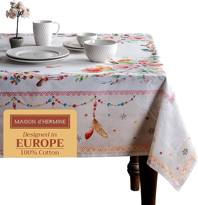 Maison d' Hermine Table Cloth Rectangle Table 100% Cotton 60 x 120 Inches Tablecloth Reusable Decorative for Dining Room Farmhouse Home Valentines Day Decorations Spring Summer - Ibiza - Beige