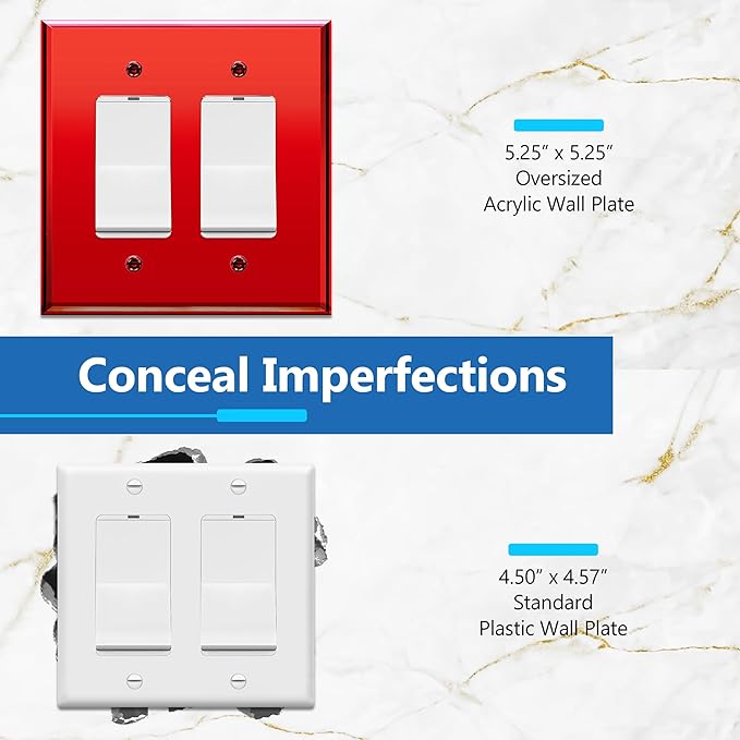 LIDER Reflective Acrylic Decorator Wall Plate, Mirrored Light Switch Plate, Plexiglass Outlet Cover, Acrylic Glass, Oversized 2-Gang 5.25" x 5.25", LWP-32O-ARD, Red
