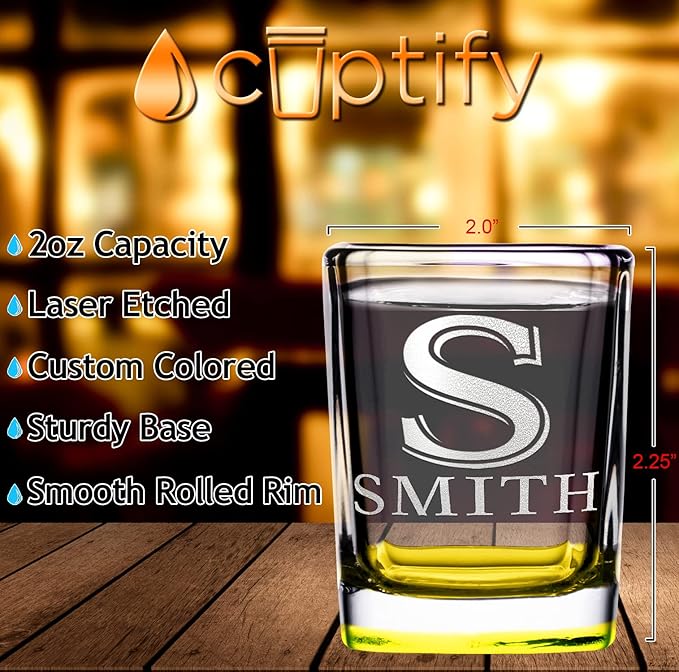 Personalized Shot Glasses Set of 6 Initial and Name 2oz Yellow Bottom Etched Square Shot Glass Engraved with Custom Text Birthday Gift for Men and Women