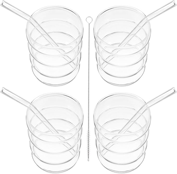 Glass Cup and Straw Set 300ml Ribbed Single-layer Glass Cups with Straws and Cleaning Brush, Juice Container and Coffee Glassware for Home Kitchen Dining, 9pcs Drinkware Set