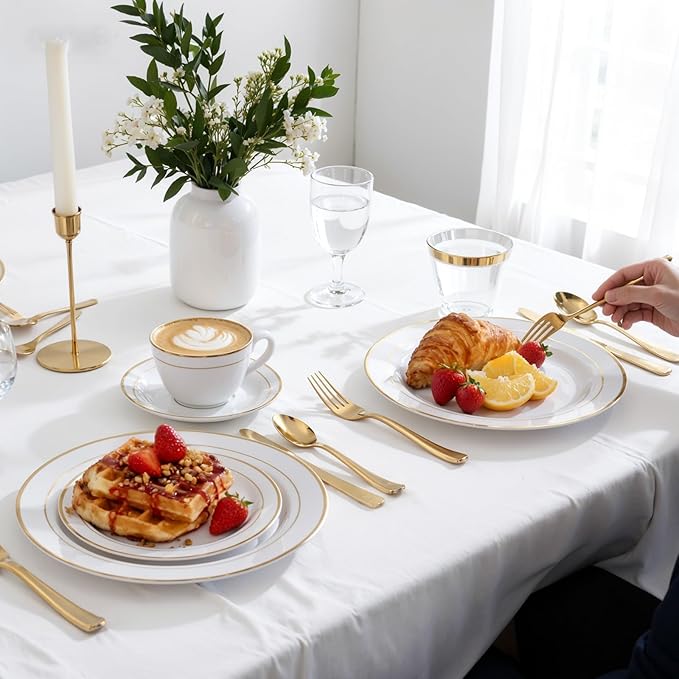 175PCS White and Gold Plastic Plates - Gold Plates with Rolled Napkins for Party - 25Guest Disposable Dinnerware Sets for Party/Wedding/Valentine's Day