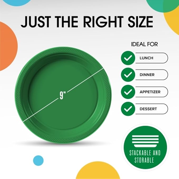 Emerald Green Plastic Plates For Party 9" Emerald Green Disposable Plates Heavy Duty 100 Pcs Plastic Dinnerware Sets Heavy Duty 350 GSM Disposable Dinnerware Set