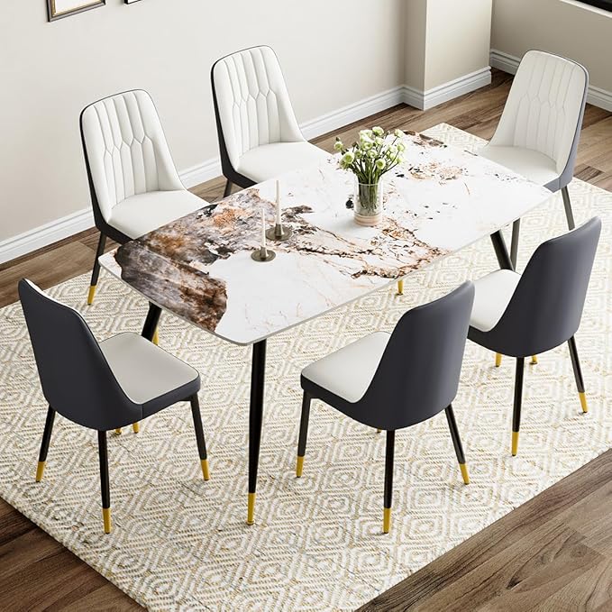 6 Chair Dining Table Set,6 Person Dining Table Set, Sintered Stone Kitchen Table Top and Modern Chairs Set of 6 for Kitchen Dining Room
