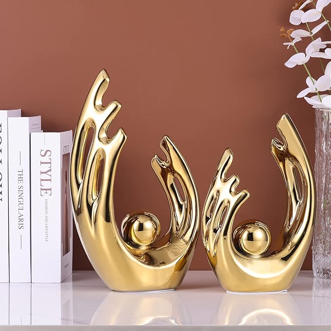 LCCCK 12" H Gold Aesthetic Room Decor Accent, TV Stand Funky Table Centerpiece, Abstract Art Ceramic Statue and Sculpture, Gold Decor for Living Room, Bookshelf Decorative Objects, Shelf Decor