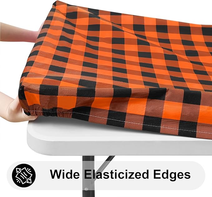Smiry Rectangle Picnic Table Cloth, Elastic Waterproof Fitted Vinyl Tablecloths, Flannel Backed Buffalo Plaid Table Covers for Dining, Camping, Outdoor (Black and Orange, 30" x 96")