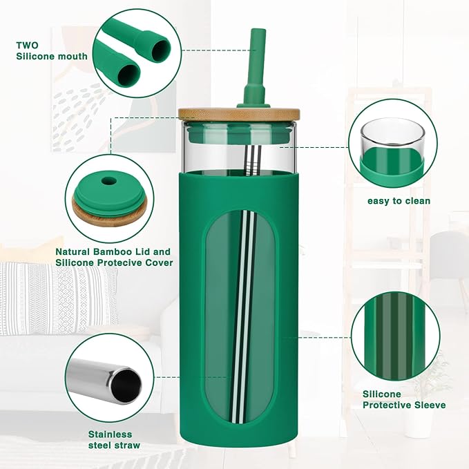Tronco 22oz Glass Tumbler with Bamboo Lid and Straw, Reusable Iced Coffee Cup for Boba Tea, Smoothies & Cold Drinks, Spill-Proof Glass Cup with Silicone Sleeve, Dishwasher Safe, BPA-Free (Pack of 1)