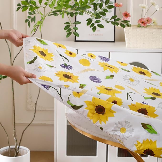 Walrus Round Vinyl Fitted Tablecloth with Flannel Backing Elastic Edge Design Table Cover Waterproof Oil-Proof PVC Table Cloth Stain-Resistant Best for 45"-56" Round