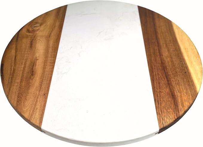 13 Inch Marble and Acacia Wood Lazy Susan – Rotating Serving Tray for Dining Table, Kitchen Island or Coffee Table, Decorative Turntable with Natural Marble Top & Wooden Frame