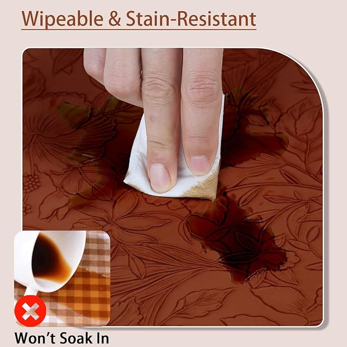 SolaraDawn Faux Leather Table Placemats Set of 6, Washable, Wipeable & Heat-Resistant Table Mats, Waterproof Dining Place Mats with Embossed Texture for Kitchen & Dining, Caramel Brown, 17" × 12"