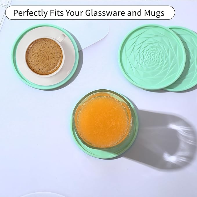 Silicone Coasters Set of 6 with Holder, Unique Rose Petal Design, Drink Coasters for Table Protection, Cup Mat for Hot-Cold Beverages, Modern Non-Slip, Non-Stick Design, Ideal Gift(6 Pack, Mint Green)