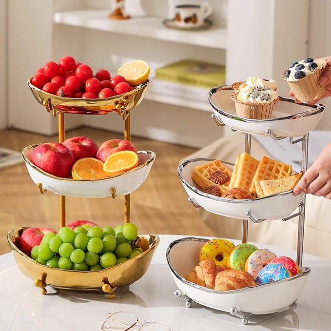 jessie 3 Tier Fruit Bowls for Kitchen Counter,Ceramic Large Fruit Basket Stand,Metal Fruit Serving Tray Snacks Nuts Cake Storage Holder (Silver 1)