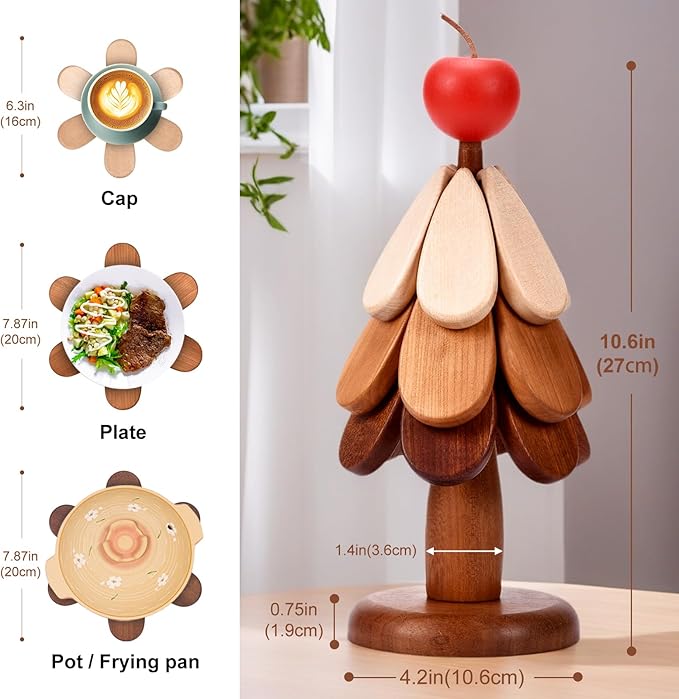 Wooden Tree Trivet Set - Tree Coasters & Trivets for Hot Dishes - Cork Trivets for Hot Pots and Pans - Tree Coasters & Trivets for Hot Dishes (Apple)